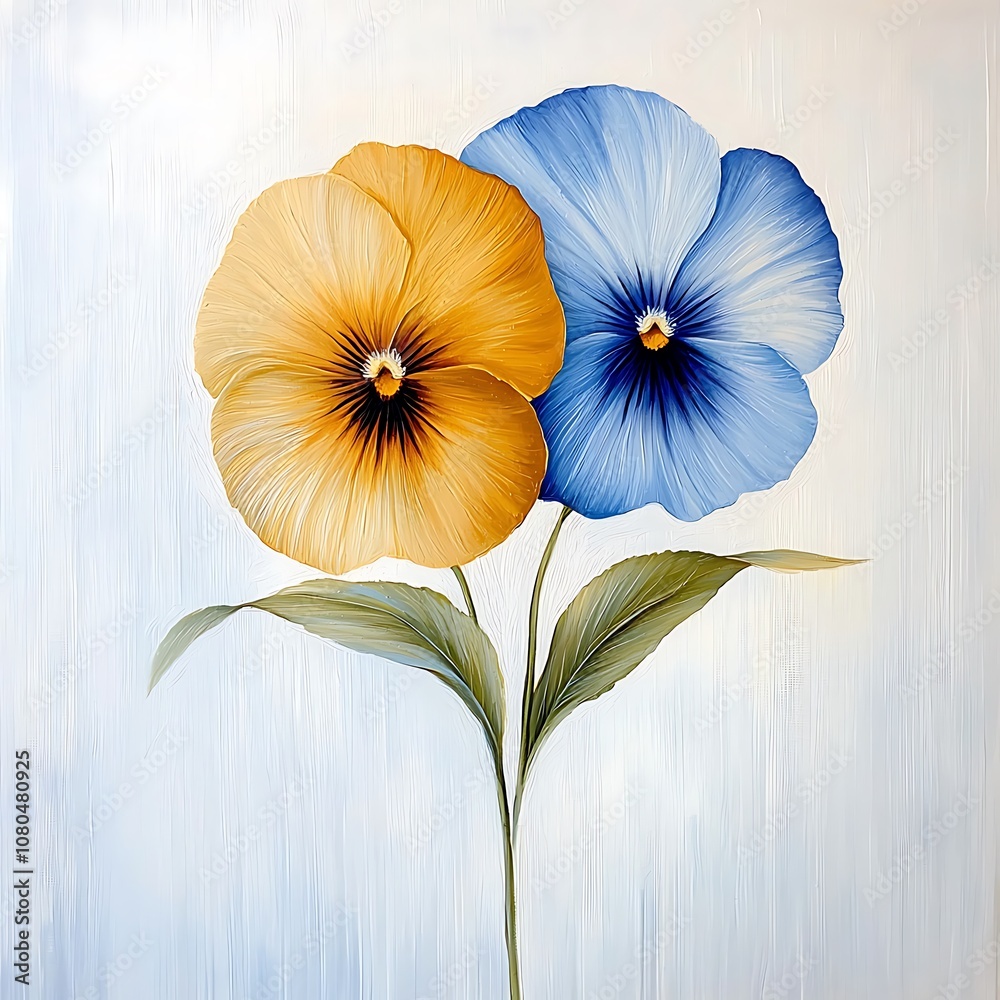 Fototapeta premium This oil painting features a stunning gold and blue pansy flower delicately painted on a crisp white background, capturing the beauty and elegance of nature in a mesmerizing abstract composition