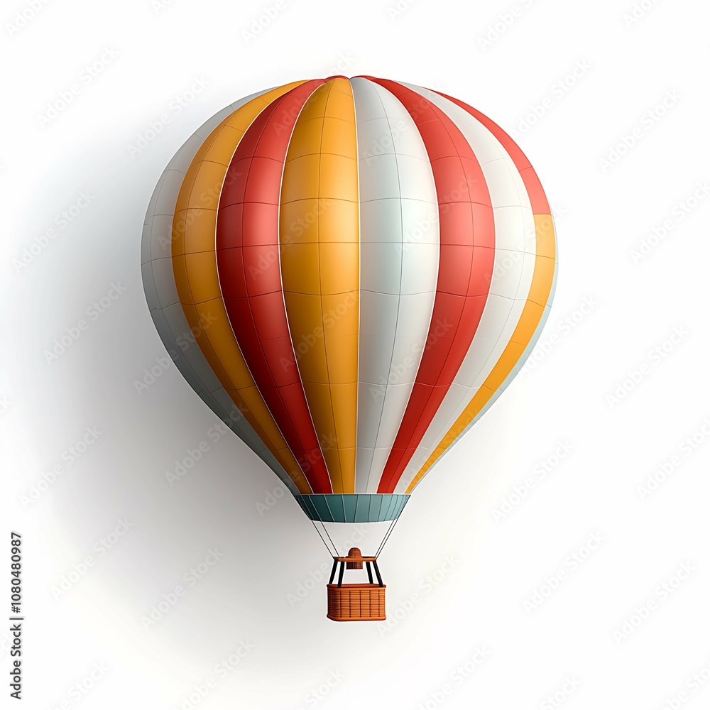 Fototapeta premium A vibrant and eye catching 3D illustration of a colorful hot air balloon floating gracefully against a pure white background