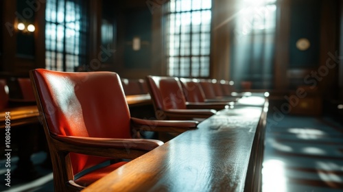 Sunlight streams into an empty courtroom, illuminating classic chairs and woodwork, emphasizing dignity and solemnity in a space designed for justice and fairness.