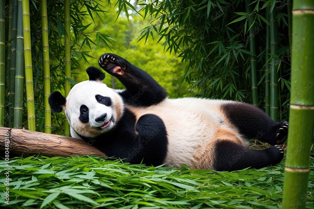 Fototapeta premium Charming Panda Relaxing in Verdant Bamboo Forest