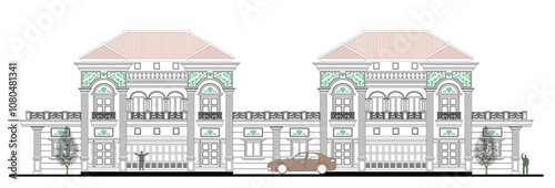 Facade of 3 storeys symmetrical modern classic building with 10 doors, 10 windows, balustrade, frame, 11 columns, decoration, canopy, crowns, triangular roof, garage, and its elements design.
