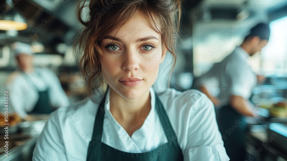 A concentrated female chef works diligently in a vibrant and busy kitchen, surrounded by fellow chefs and high energy, creating delightful culinary dishes. A concentrated female chef works diligently in a vibrant and busy kitchen, surrounded by fellow chefs and high energy, creating delightful culinary dishes.