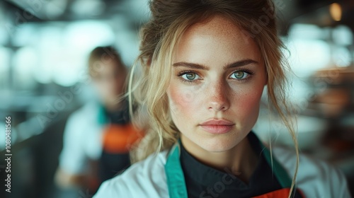 A serious female cook is captured amidst the culinary bustle of a busy kitchen, working alongside other chefs with utmost focus and determination. photo