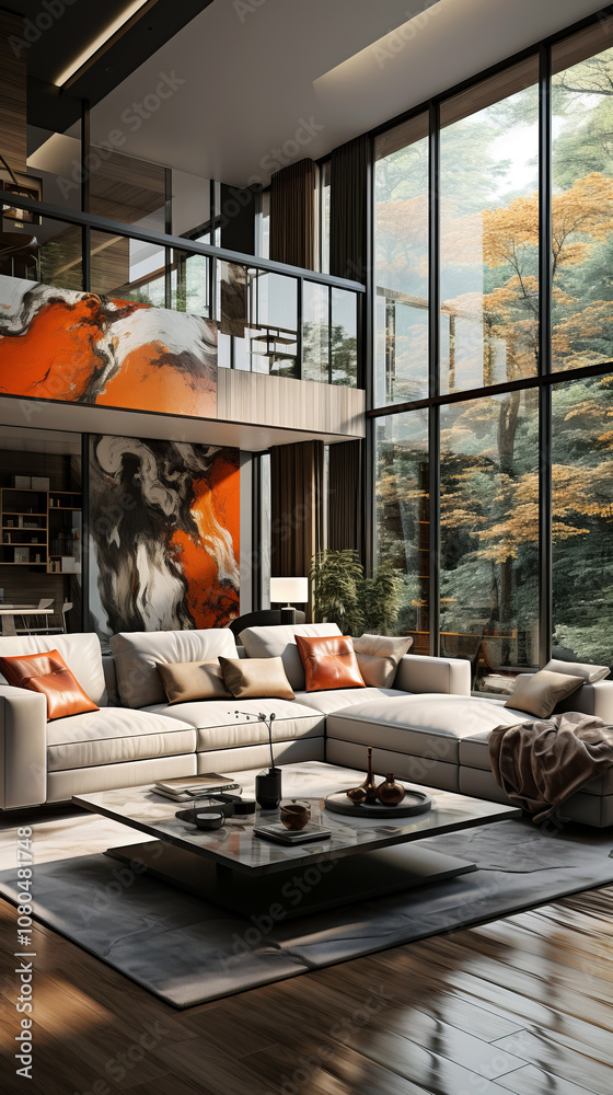 A spacious modern living room with a white sectional sofa, orange abstract wall art, and floor-to-ceiling windows overlooking lush greenery.