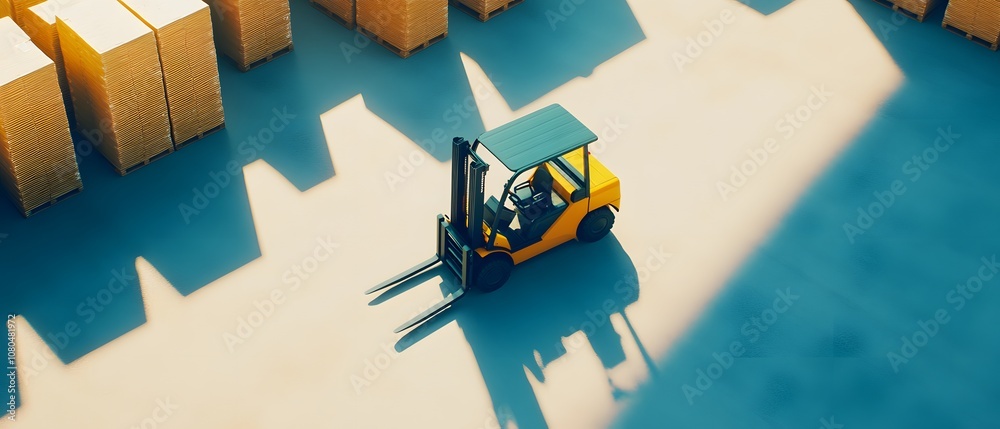 Obraz premium Aerial View of a Yellow Forklift in a Warehouse Surrounded by Stacked Pallets, Bright Lighting and Shadows Creating a Dynamic Industrial Setting