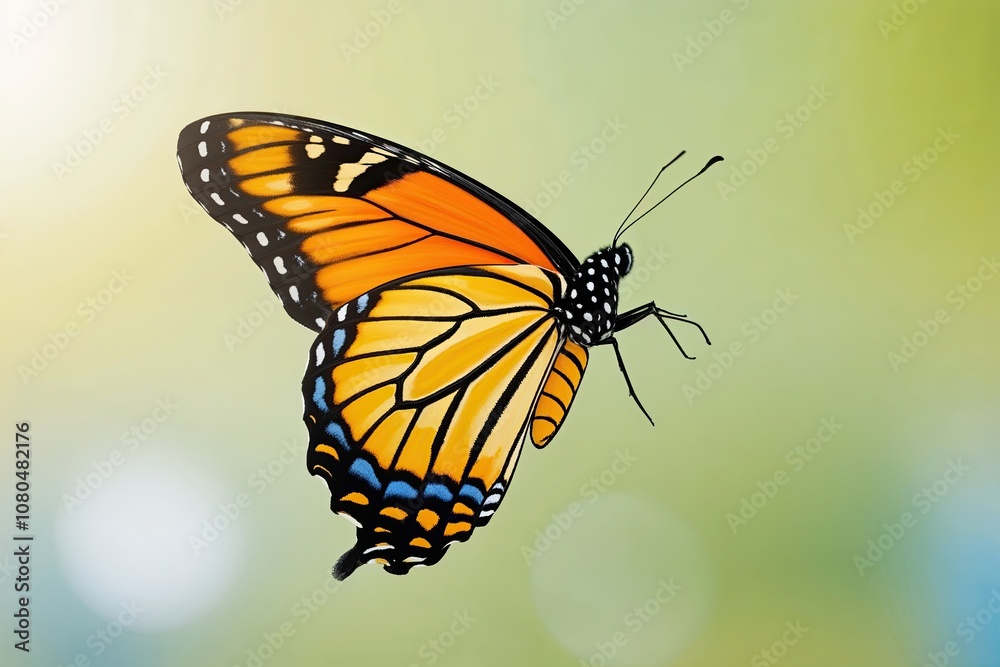 Fototapeta premium Stunning Blue Yellow Orange Butterfly in Flight on a Bright Light Background
