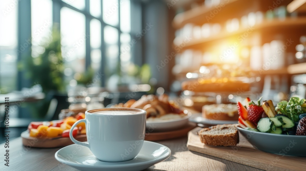 White coffee cup set next to breakfast pastries, fruit salads, and sunlight streams through a café window, highlighting flavors mixed with a relaxing ambiance. White coffee cup set next to breakfast pastries, fruit salads, and sunlight streams through a café window, highlighting flavors mixed with a relaxing ambiance.