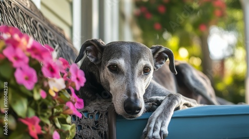 A greyhound dog with a thoughtful expression, laying on a blue bench with pink flowers in the background.