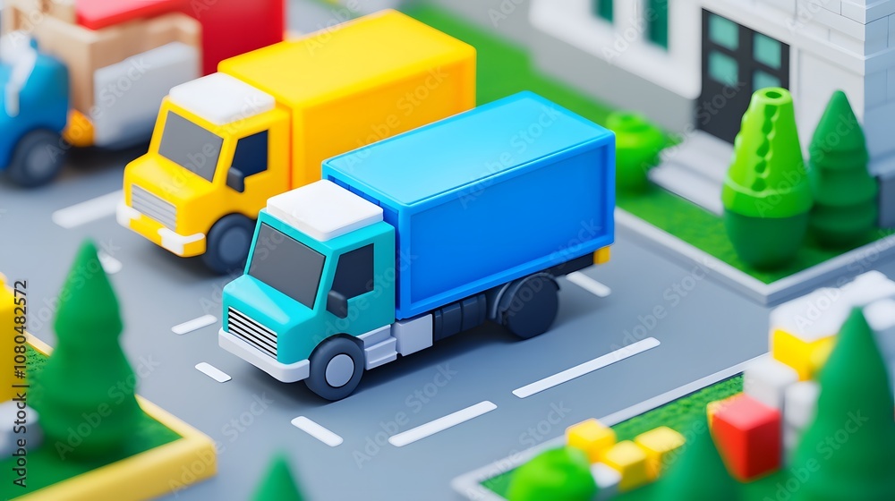 Colorful Toy Trucks on a Miniature Street Scene Featuring Green Trees, Buildings, and Playful Landscape Elements for Creative Projects Colorful Toy Trucks on a Miniature Street Scene Featuring Green Trees, Buildings, and Playful Landscape Elements for Creative Projects