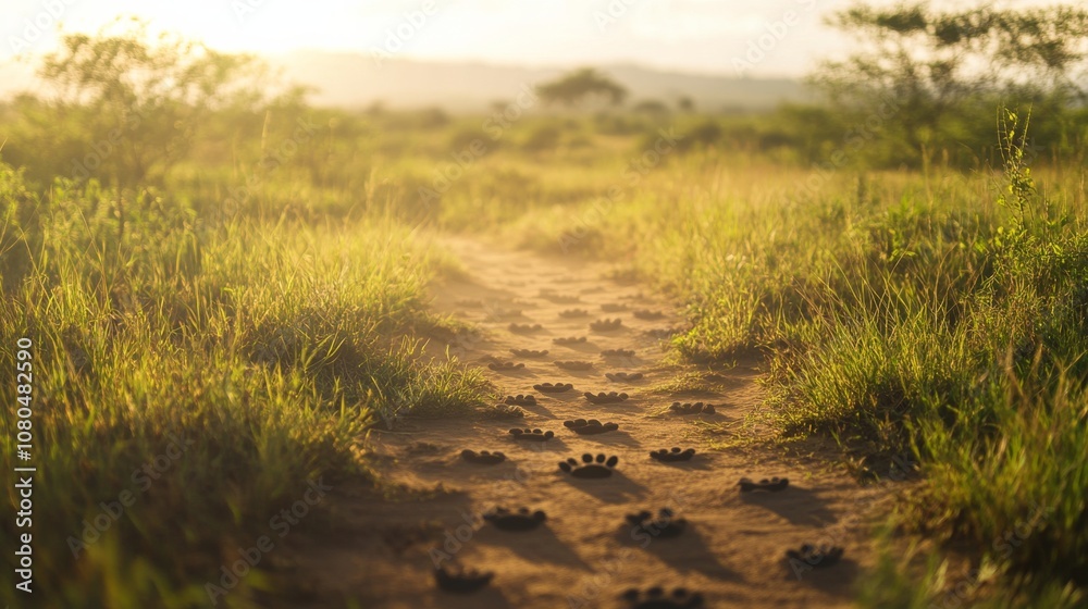 An empty scene featuring blank mockup template filled with a grassy savanna where cheetah footprints lead across a dusty path, celebrating International Cheetah Day, An empty scene featuring blank mockup template filled with a grassy savanna where cheetah footprints lead across a dusty path, celebrating International Cheetah Day,