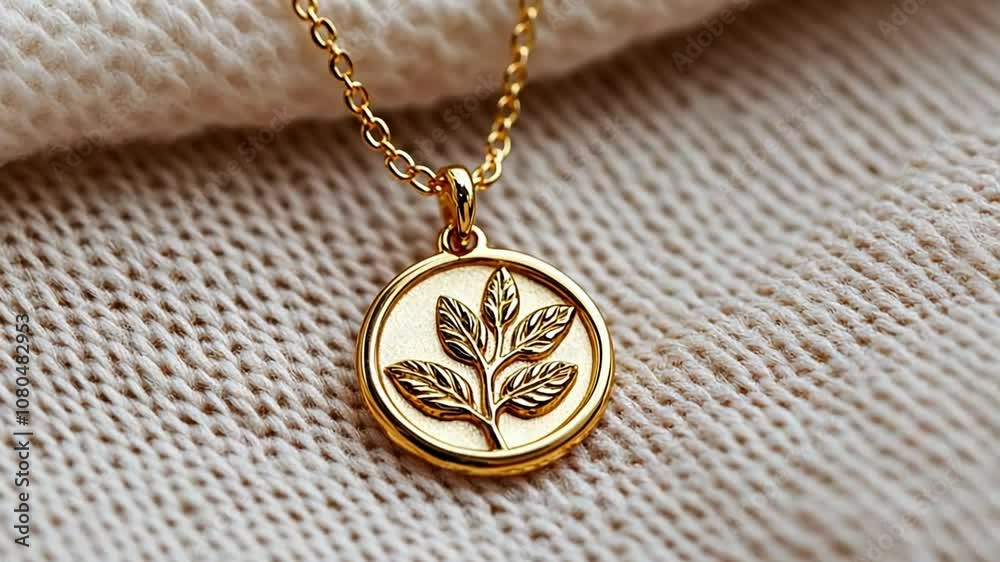 Gold pendant with leaf design nestled on beige fabric, ideal for gifts or nature-inspired themes Gold pendant with leaf design nestled on beige fabric, ideal for gifts or nature-inspired themes