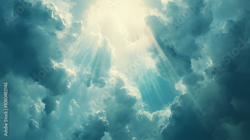 A serene sky filled with clouds and rays of light, evoking a sense of peace and tranquility.