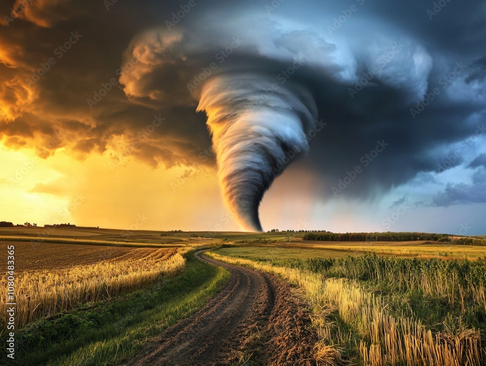 Massive tornado touching down in rural field with dark storm clouds and ...