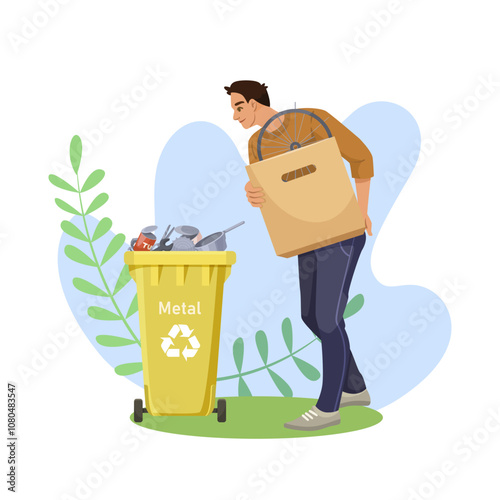 A man disposes of metal waste into a recycling bin, on a green background. Vector illustration