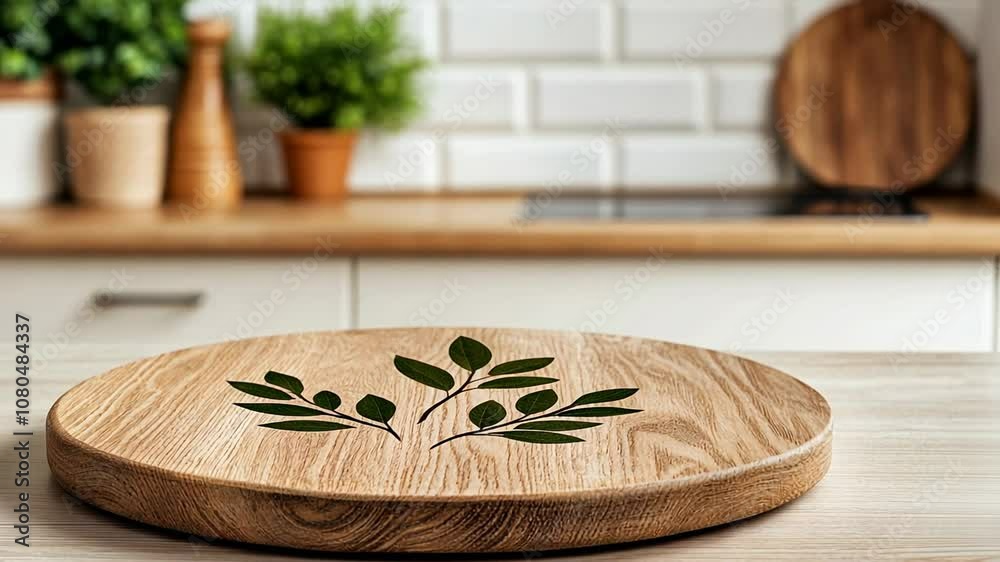 Wooden cutting board with olive branch design on kitchen counter, ideal for rustic home decor or Mediterranean-themed gatherings Wooden cutting board with olive branch design on kitchen counter, ideal for rustic home decor or Mediterranean-themed gatherings