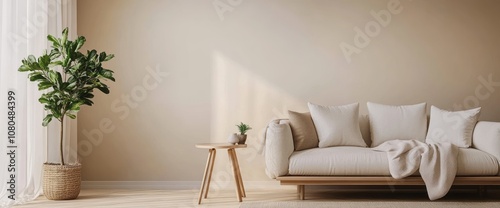 Minimalist Living Room Interior with White Sofa and Natural Elements