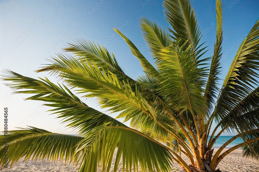 Tropical Palm Trees Swaying in Coastal Breeze with Lush Foliage Tropical Palm Trees Swaying in Coastal Breeze with Lush Foliage