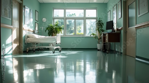 A spacious hospital corridor featuring a clean, polished floor, a hospital bed on the side, and wall decor, exuding a professional medical atmosphere. photo