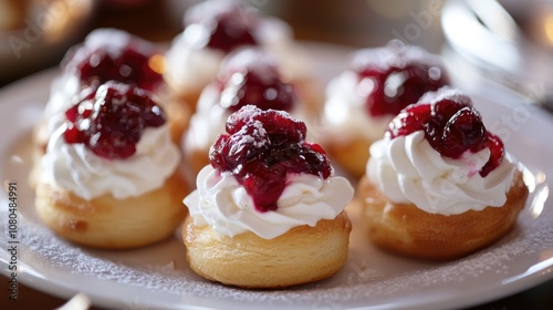 Delicious Miniature Cakes Topped with Whipped Cream and Cherry Compote Ready for Dessert Treats or Special Occasions on a Beautiful Plate Display