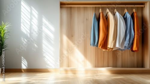 This minimalist wardrobe offers a glimpse of neatly hung clothing, showcasing a simple yet stylish and functional collection in a serene setting with sunlight.