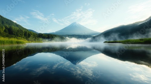 A mesmerizing misty morning scene of Mount Fuji perfectly mirrored in a calm lake, surrounded by lush greenery and mist rising from the water's surface.