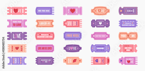 Valentine day tickets and coupons, funny and romantic stickers with text greetings and love confessions, Valentine's Day fair tickets. Vector illustration.