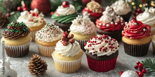 Close-up of holiday-themed cupcake decorations featuring festive designs and colors, beautifully arranged on a table.