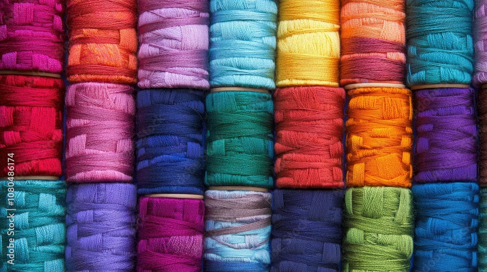 Colorful Spools of Thread Arranged in a Vibrant Display, Showcasing a Spectrum of Textiles for Crafting, Sewing, and DIY Projects in a Well-Lit Setting Colorful Spools of Thread Arranged in a Vibrant Display, Showcasing a Spectrum of Textiles for Crafting, Sewing, and DIY Projects in a Well-Lit Setting