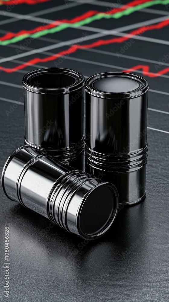 Dynamic representation of oil market trends with candlestick charts and industrial barrels against a striking black backdrop Dynamic representation of oil market trends with candlestick charts and industrial barrels against a striking black backdrop