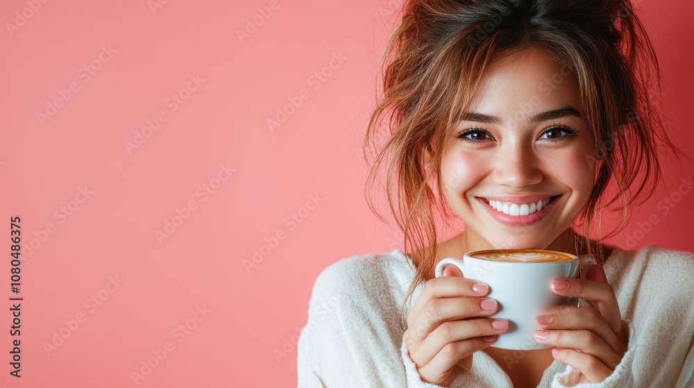 A young woman beams as she holds a coffee cup. The vibrant pink background highlights the cheerful atmosphere, evoking a sense of happiness and warmth. A young woman beams as she holds a coffee cup. The vibrant pink background highlights the cheerful atmosphere, evoking a sense of happiness and warmth.