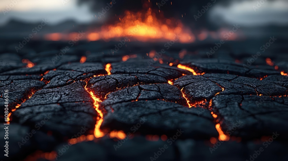 Lava flowing through cracked terrain, glowing orange against dark volcanic ground. Lava flowing through cracked terrain, glowing orange against dark volcanic ground.