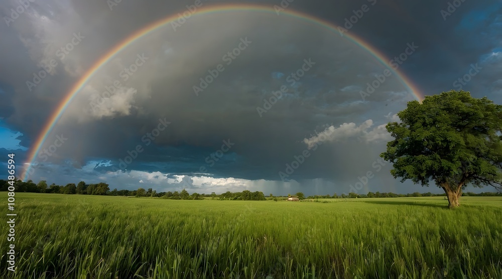 Naklejka premium A bright rainbow stretching across a clear blue sky after rain