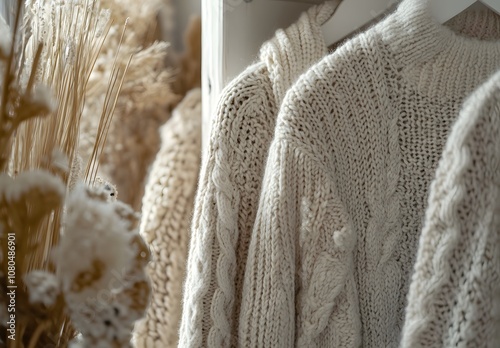 A close-up of knitted sweaters and cardigans hanging on a rack, a white wooden wardrobe, natural light, bohemian-style decoration with dried grass in the background, photo