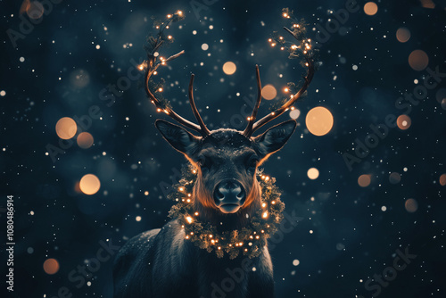 Magical deer with glowing antlers adorned in fairy lights in a mystical forest setting photo