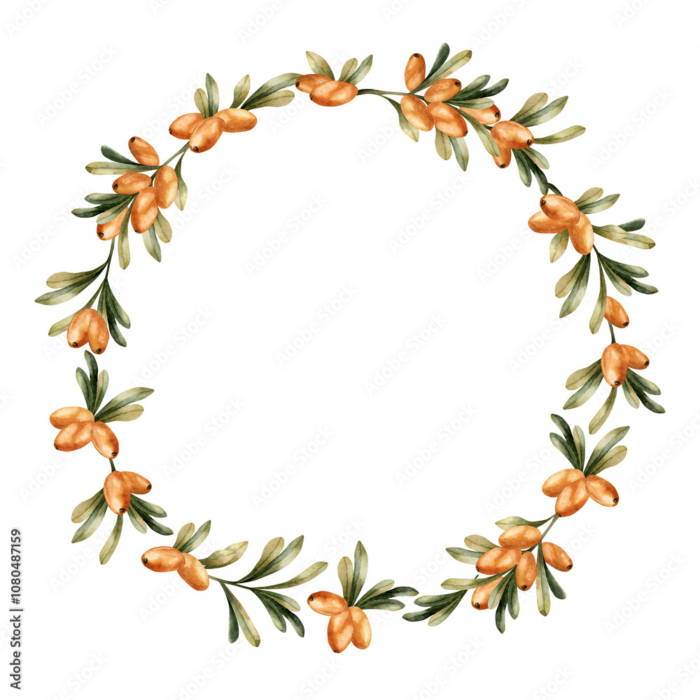 Fototapeta premium Sea buckthorn branches wreath with orange berries and green leaves. Medicinal plant. Watercolor floral illustration