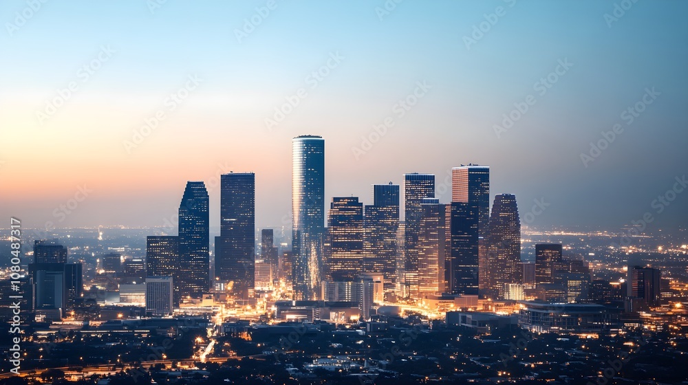 Obraz premium Stunning Vibrant Night Skyline of a Modern City with Illuminated Buildings Against a Deepening Sky, Capturing the Essence of Urban Life and Nighttime Beauty