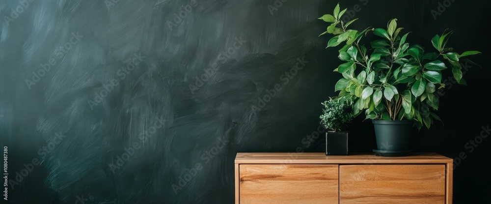 Wooden Cabinet with Green Plants Against a Dark Wall Wooden Cabinet with Green Plants Against a Dark Wall