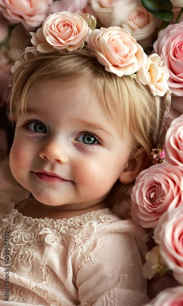 Adorable Baby Girl Surrounded by Beautiful Pink Roses, Wearing a Floral Headband, Capturing Pure Joy and Innocence in a Serene Floral Setting Adorable Baby Girl Surrounded by Beautiful Pink Roses, Wearing a Floral Headband, Capturing Pure Joy and Innocence in a Serene Floral Setting
