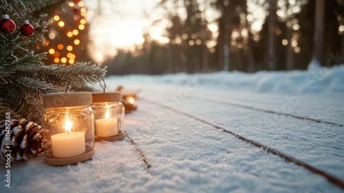 Beautiful candles light up the snowy forest landscape, offering a tranquil and reflective scene that evokes feelings of warmth and peace in a winter setting. photo