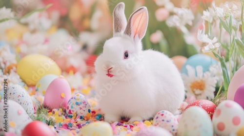 fluffy white bunny with confetti, cheerful Easter scene, surrounded by colorful eggs and flowers, playful ambiance, bright hues evoking springtime joy