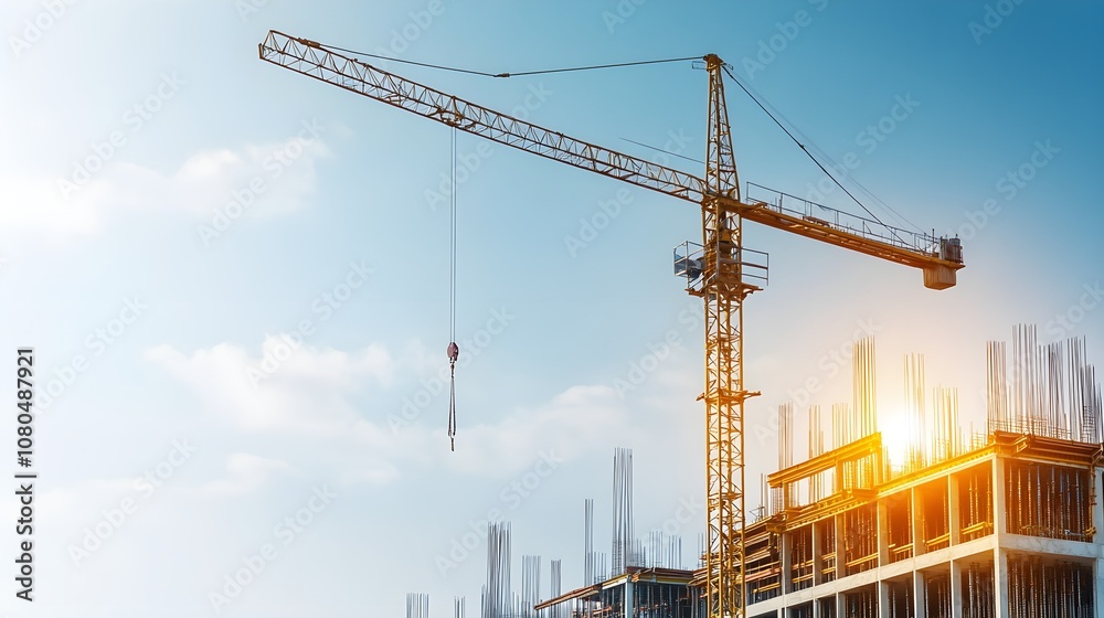 Construction Site with Crane Under Blue Sky, Showcasing Development Progress and Team Collaboration in Urban Projects
