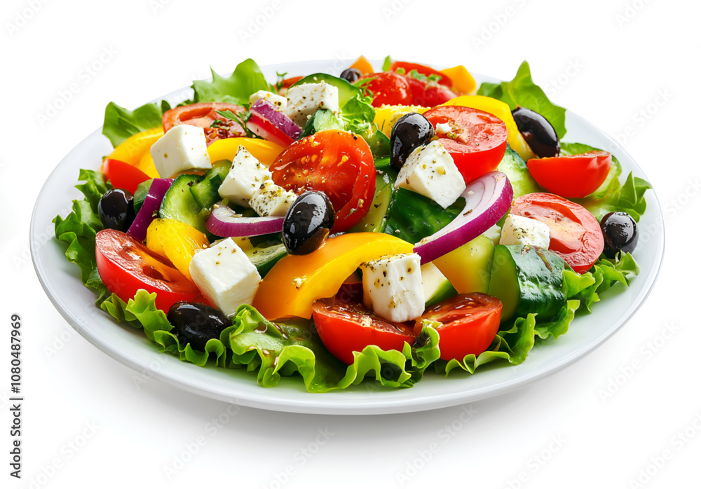 Delicious Greek salad with fresh ingredients and feta, isolated on white, perfect for showcasing Mediterranean cuisine salad in restaurant menus or food magazines, food blog Delicious Greek salad with fresh ingredients and feta, isolated on white, perfect for showcasing Mediterranean cuisine salad in restaurant menus or food magazines, food blog
