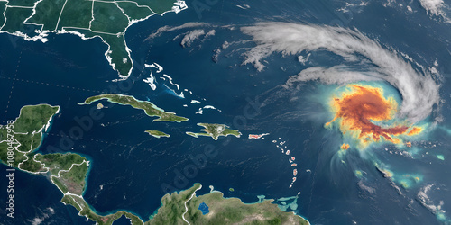 Thermal satellite image of a storm over the Caribbean Sea.
