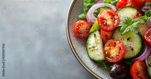 Delicious vegetable salad with fresh cucumbers, tomatoes, red onions and green salad leaves, perfect for showcasing Mediterranean flavors in restaurant menus or food magazines, copy space