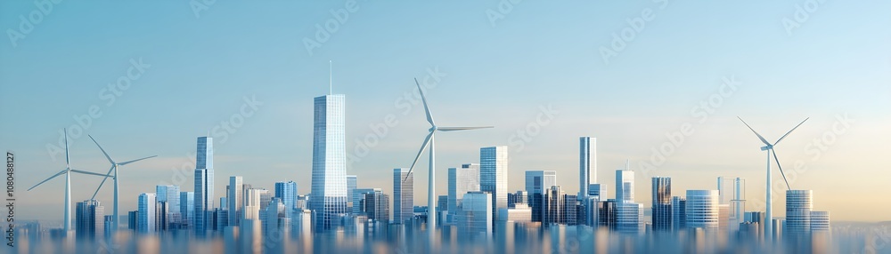 Fototapeta premium Modern Cityscape Featuring Sustainable Energy Solutions with Wind Turbines and Eco-Friendly Architecture Against a Clear Blue Sky
