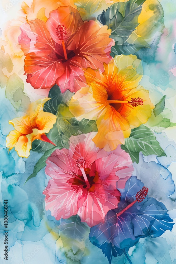 custom made wallpaper toronto digitalColorful watercolor painting of hibiscus flowers with green leaves, showcasing vibrant artistry and nature's beauty.