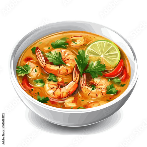 Vector Illustration of Tom Yum Soup with Shrimp