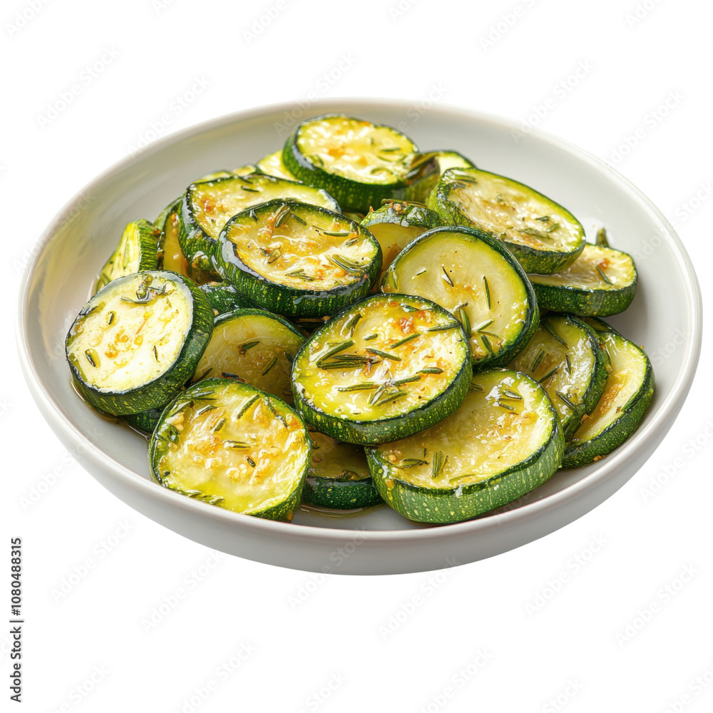 Roasted Zucchini Slices with Garlic and Herbs in Bowl for Healthy Side Dish PNG Icon on transparent background