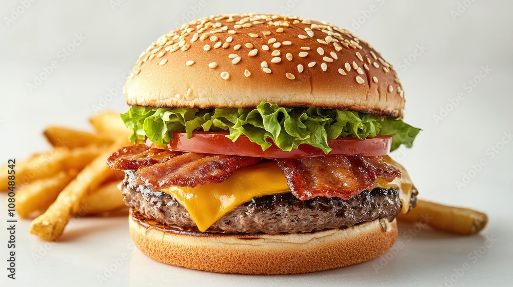Juicy Cheeseburger with Crispy Bacon, Fresh Lettuce, and Tomato Served with Golden French Fries on a Bright Background Juicy Cheeseburger with Crispy Bacon, Fresh Lettuce, and Tomato Served with Golden French Fries on a Bright Background
