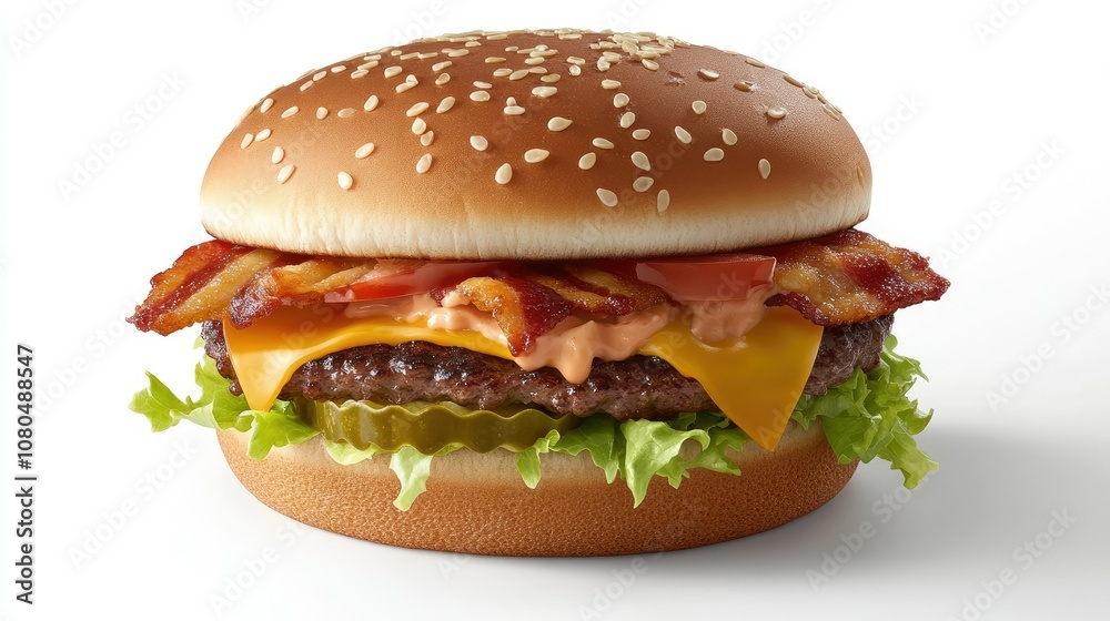 Juicy burger with layers of crispy bacon, cheddar cheese, fresh lettuce, sliced tomatoes, and a special sauce, served on a toasted sesame seed bun Juicy burger with layers of crispy bacon, cheddar cheese, fresh lettuce, sliced tomatoes, and a special sauce, served on a toasted sesame seed bun